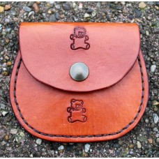 Handcrafted Leather Tan Pocket Coin Purse With Teddy Bear Logo.